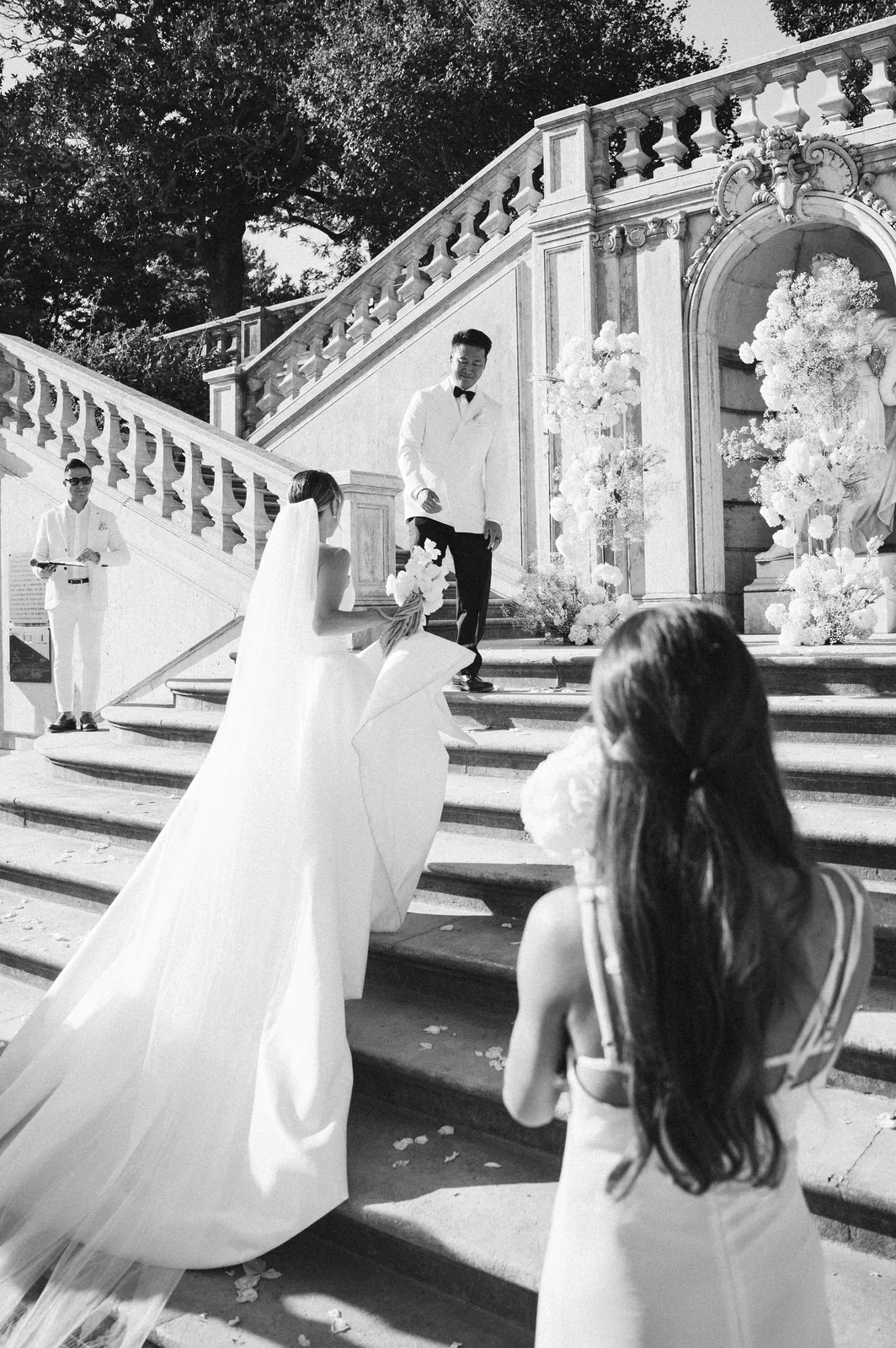 Bride and groom in modern architectural setting